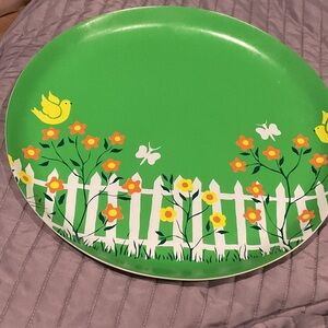 Green Plate with Floral and Bird Design